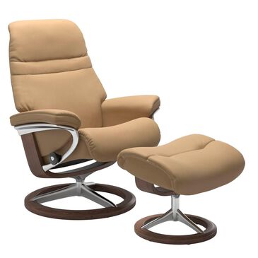 Stressless Sunrise Leather Chair and Ottoman in Paloma Sand and Walnut, , large