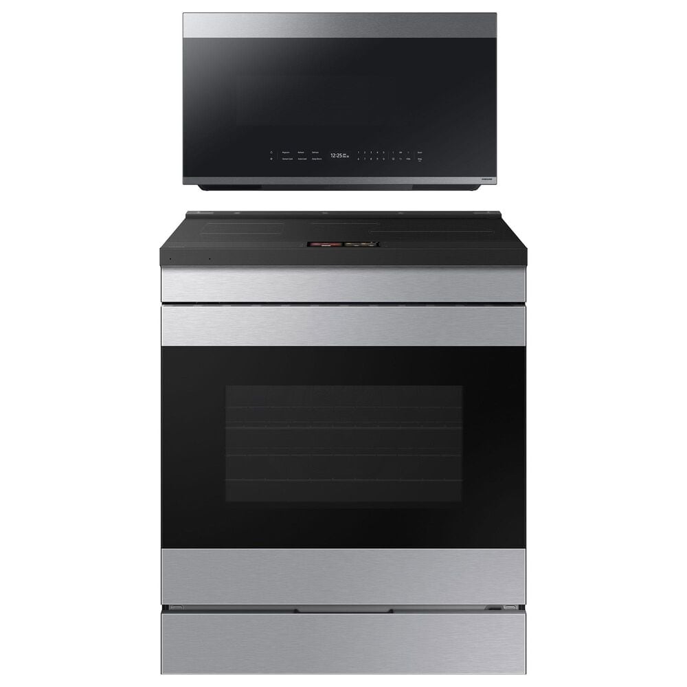 Samsung Bespoke 2-Piece Kitchen Package with 6.3 Cu. Ft. Convection Slide-In Induction Range and 2.1 Cu. Ft. Fingerprint Resistant Over-the-Range Microwave in Stainless Steel, , large
