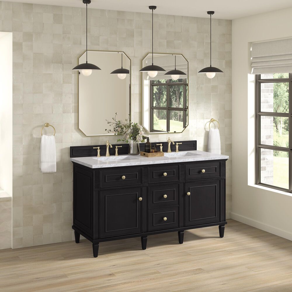 James Martin Vanities Lorelai 60&quot; Double Vanity in Black Onyx with 3 cm Carrara White Marble Top, , large