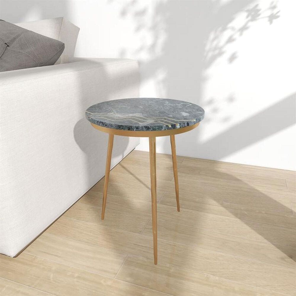 Maple and Jade Accent End Table with Metal Tripod Legs and Zig-Zag Detail in Matte Green and Satin Gold, , large