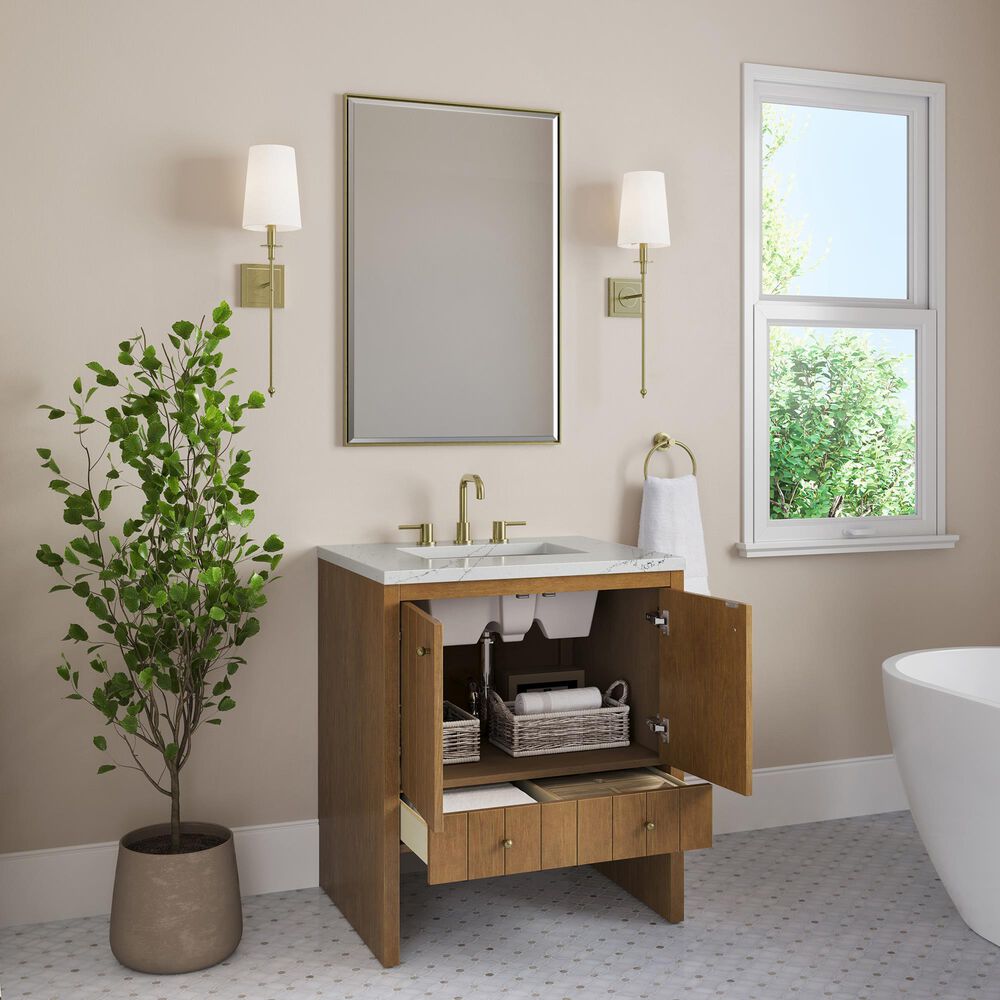 James Martin Hudson 30" Single Bathroom Vanity in Honey Oak with 3 cm Ethereal Noctis Silestone Top and Rectangular Sink, , large