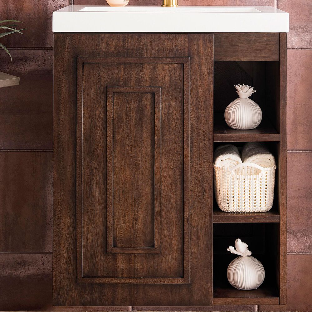 James Martin Vanities Alicante 24&quot; Single Bathroom Vanity in Mid Century Acacia with 5 cm White Glossy Resin Top and Rectangular Sink, , large