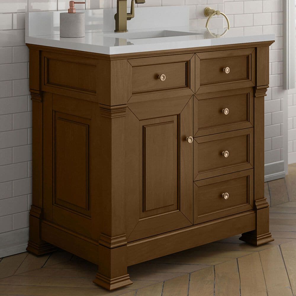 James Martin Vanities Brookfield 36&quot; Single Bathroom Vanity in Honey Oak with Single Hole 3 cm White Zeus Quartz Top and Rectangular Sink, , large