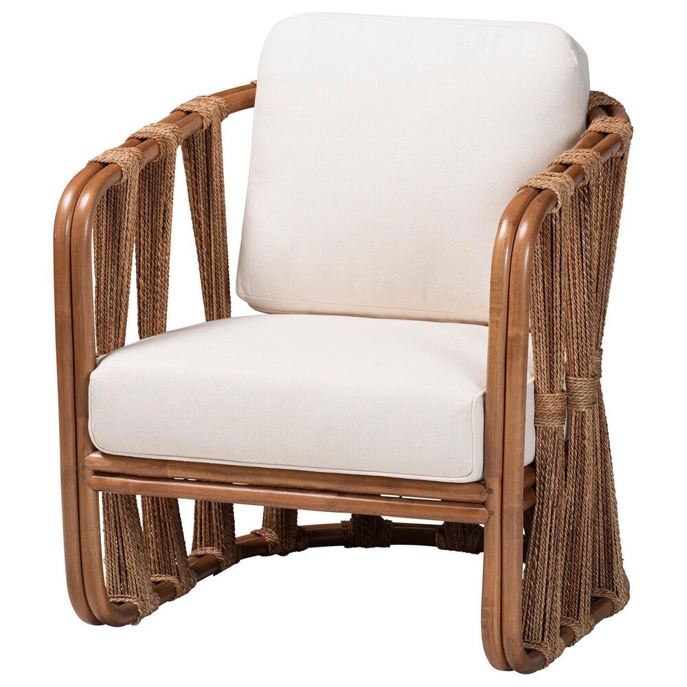 Baxton Studio Westham Arm Chair with Light Brown Rattan in White, , large