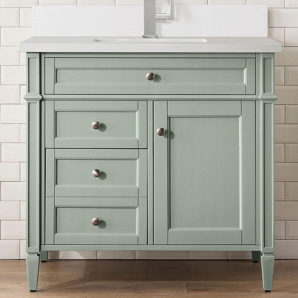James Martin Vanities Brittany 36" Single Bathroom Vanity in Sage Green with Single Hole 3 cm White Zeus Quartz Top and Rectangular Sink, , large