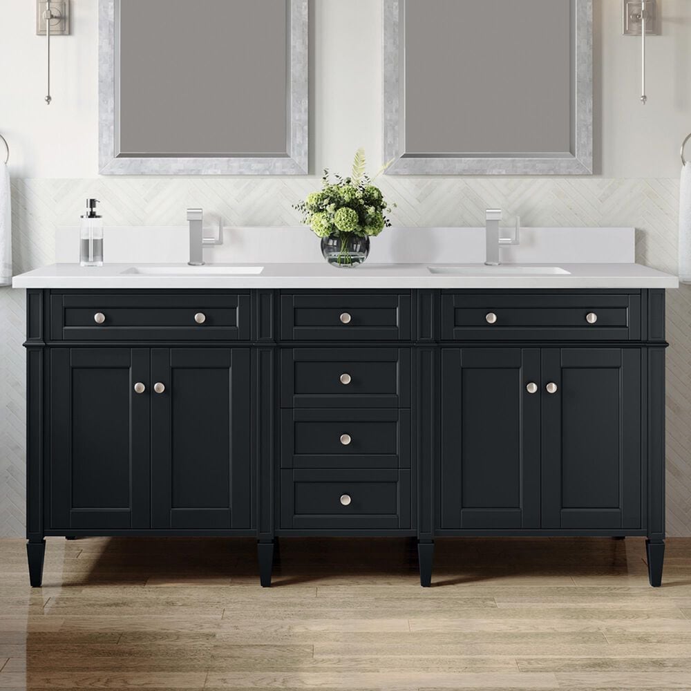 James Martin Vanities Brittany 72&quot; Double Bathroom Vanity in Black Onyx with Single Hole 3 cm White Zeus Quartz Top and Rectangular Sinks, , large