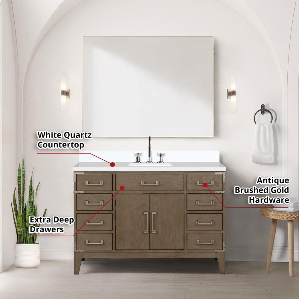 Lexora Home Laurel 48&quot; Single Bathroom Vanity in Grey Oak with White Quartz Top and Rectangular Sink, , large