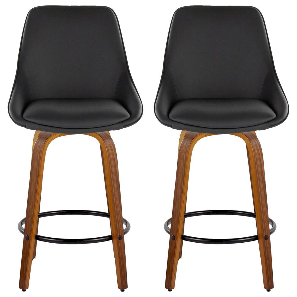 LumiSource Diana 26" Swivel Counter Stool with Black Faux Leather Upholstery in Walnut and Black (Set of 2), , large