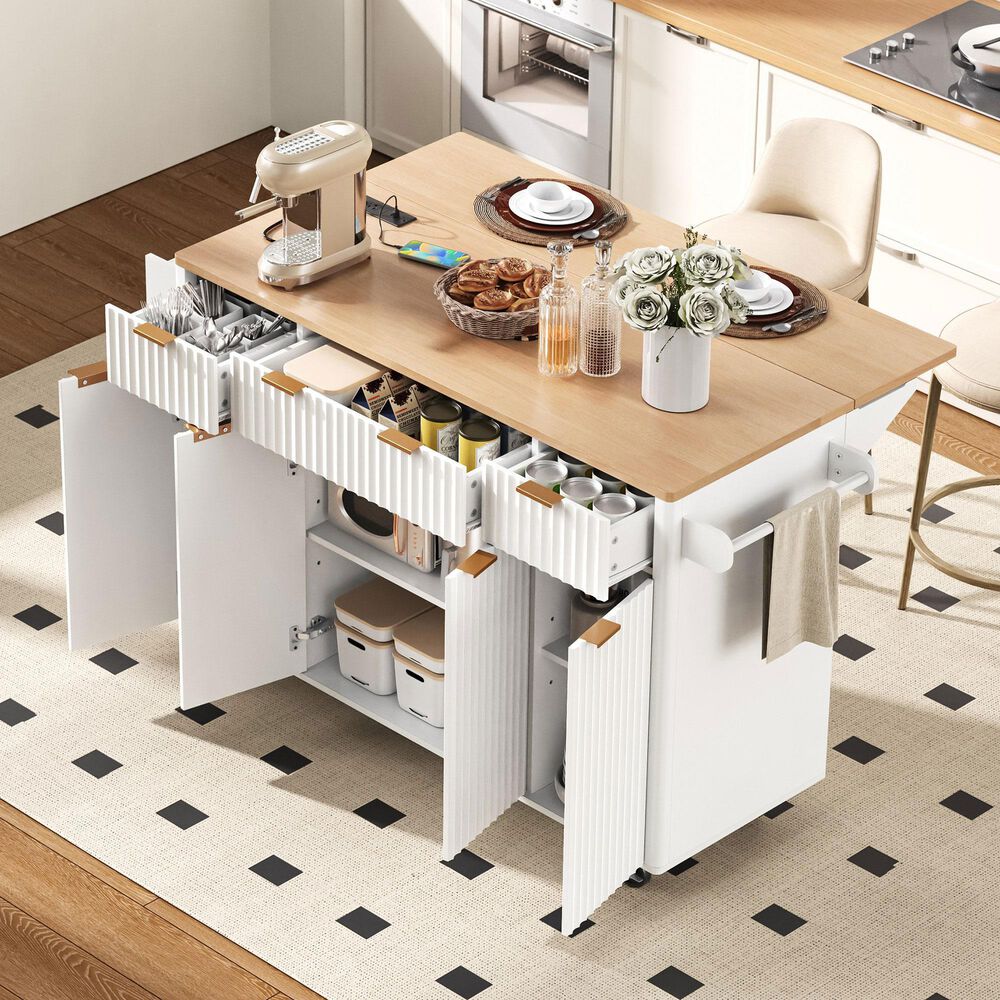 HOMLUX 56" Kitchen Island with Drop Leaf in White, , large