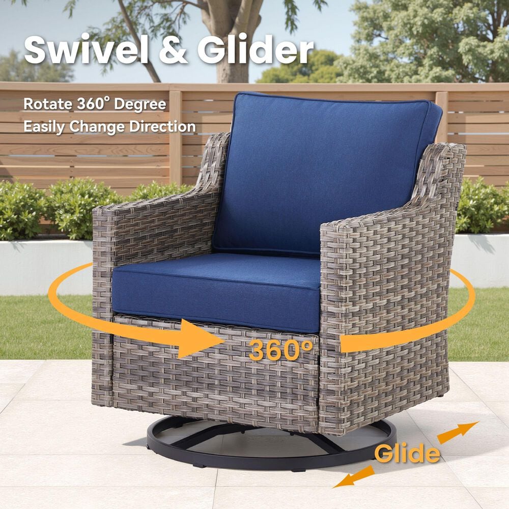 Hearth and Haven 3-Piece Outdoor Wicker Swivel Chair Set with 19" Side Table in Blue, , large