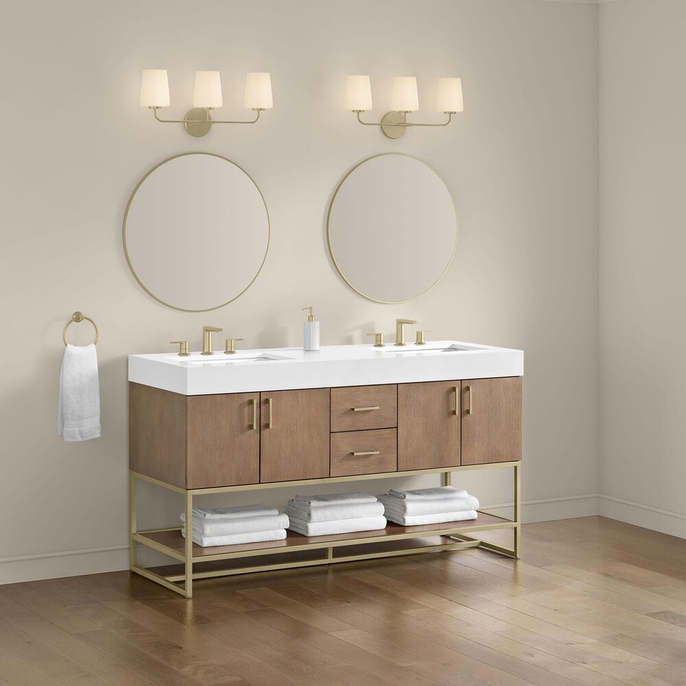 37B Mauri 60" Double Bathroom Vanity with Metal Base in Walnut Drift with High-Profile 4" White Composite Stone Top, , large