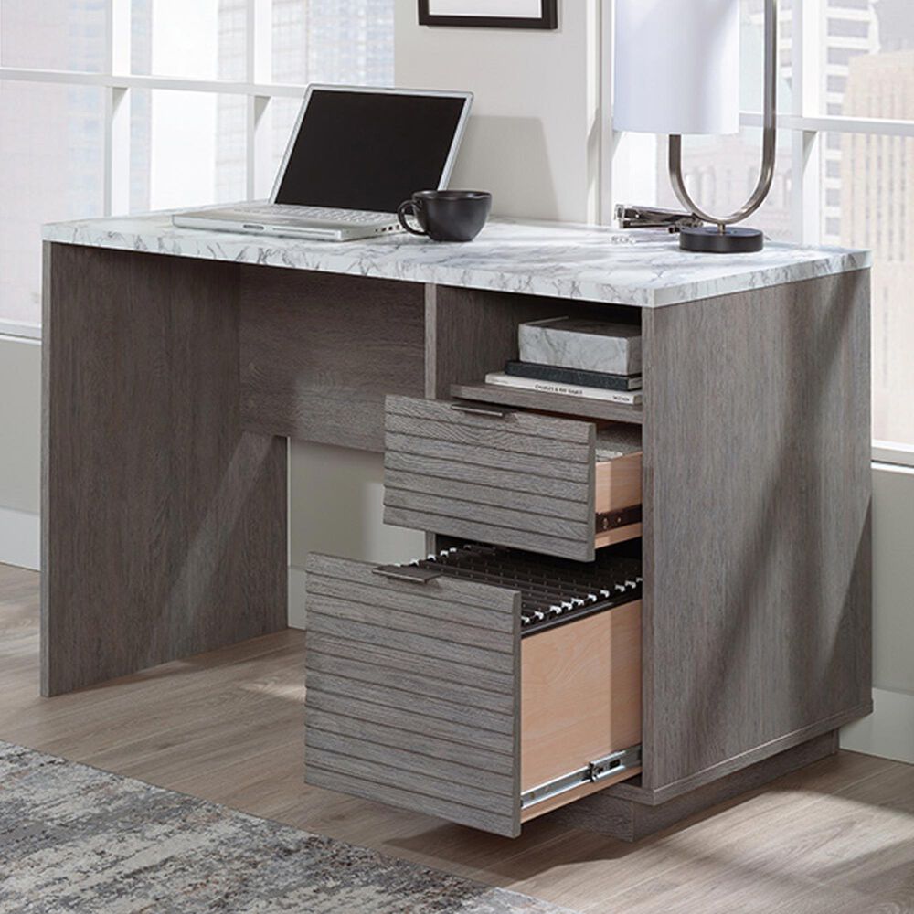 Sauder East Rock Single Pedestal Desk in Ashen Oak and White, , large