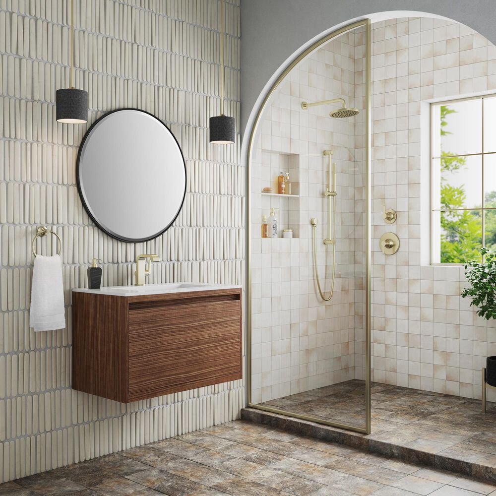 James Martin Vanities Mantova 31.5&quot; Single Vanity in Mid-Century Walnut and Champagne Brass with 3 cm Glossy White Composite Stone Top and Rectangular Sink, , large