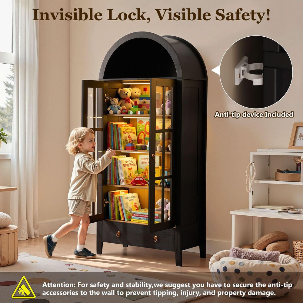 HOMLUX Arched Storage Cabinet with LED Induction Lights in Black, , large