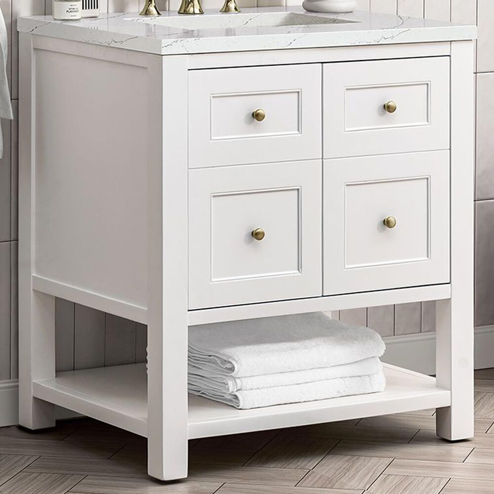 James Martin Vanities Breckenridge 30&quot; Single Bathroom Vanity in Bright White with 3 cm Ethereal Noctis Quartz Top and Rectangular Sink, , large