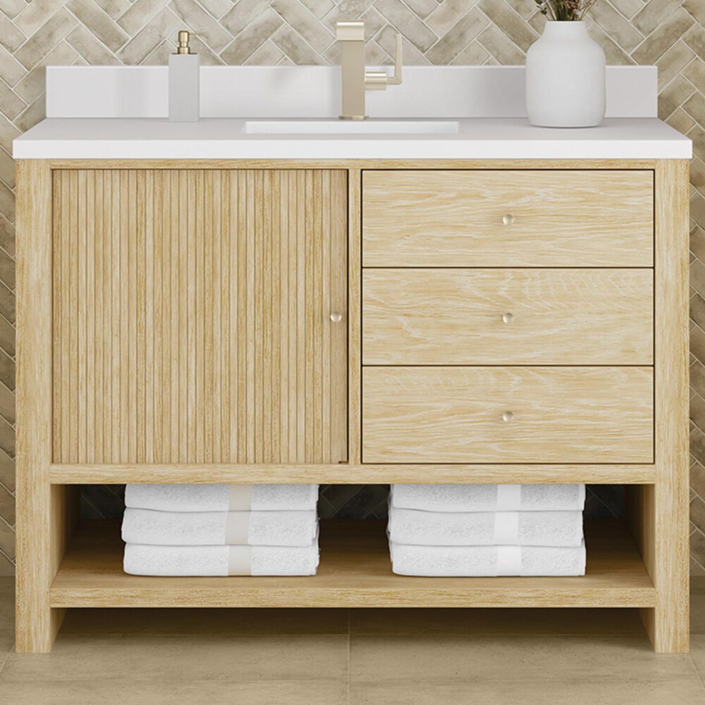 James Martin Vanities Marigot Single 48&quot; Single Vanity in Sun-washed Oak with Single Hole 3 cm White Zeus Quartz Top &amp; Backsplash, , large