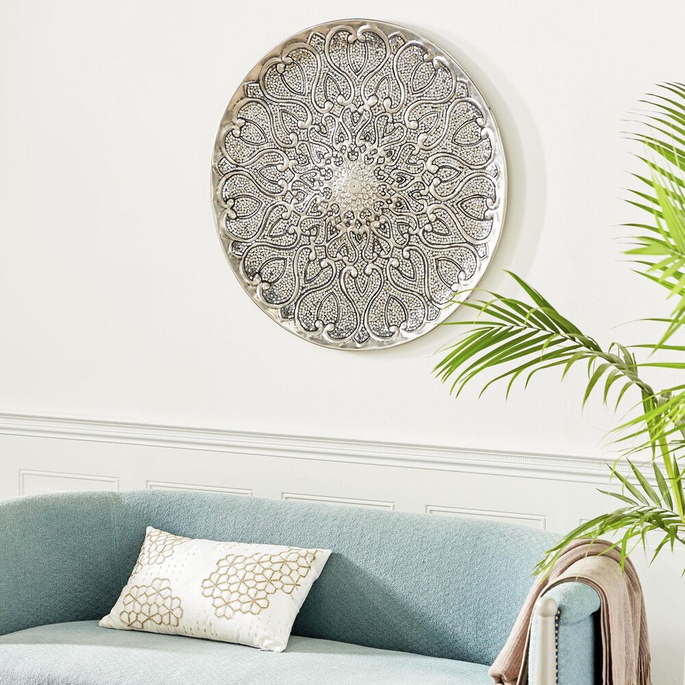 Maple and Jade 33&quot; x 33&quot; Round Plate Home Wall Decor with Embossed Details in Shiny Silver and Black, , large