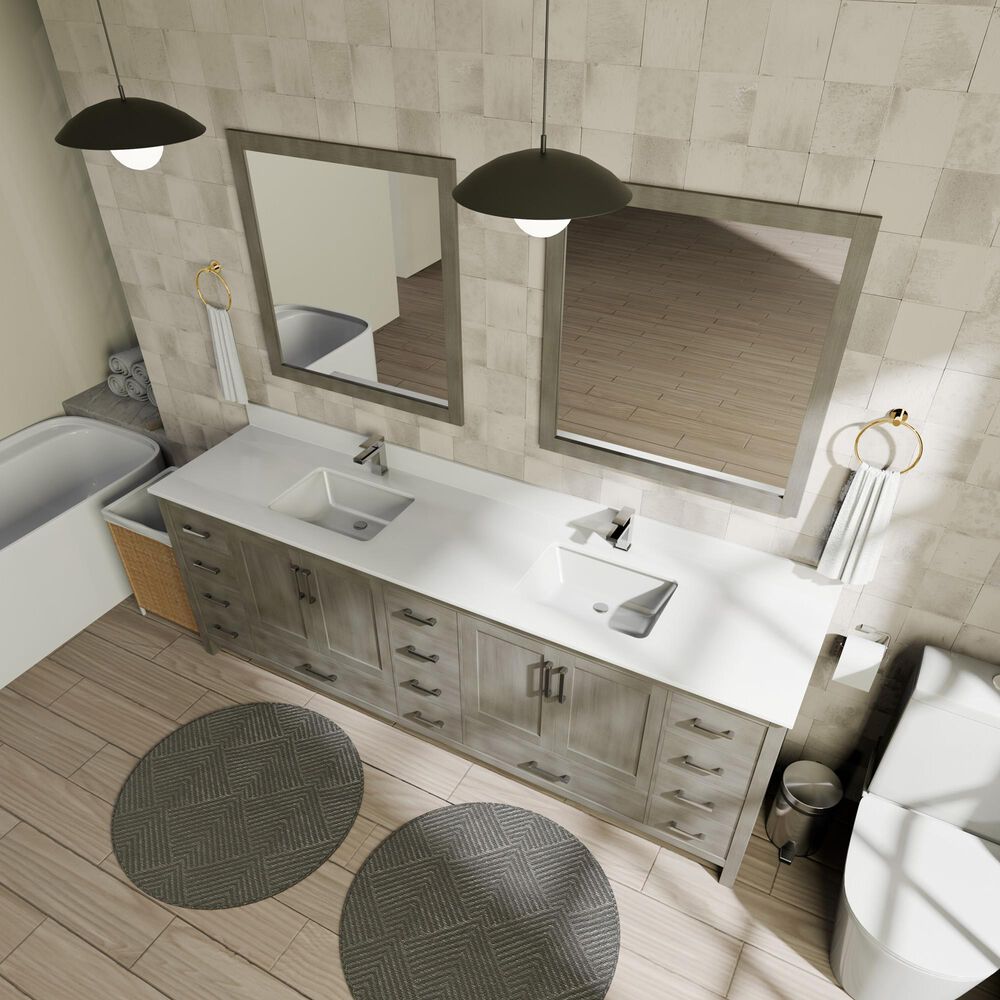 Lexora Home Jacques 84&quot; Double Bathroom Vanity in Distressed Grey with 2 cm White Quartz Top and Rectangular Sinks, , large