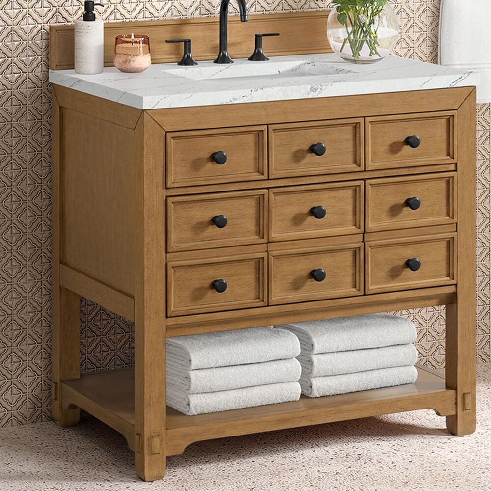 James Martin Vanities Malibu 36&quot; Single Bathroom Vanity in Amber Birch with 3 cm Ethereal Noctis Quartz Top and Rectangular Sink, , large
