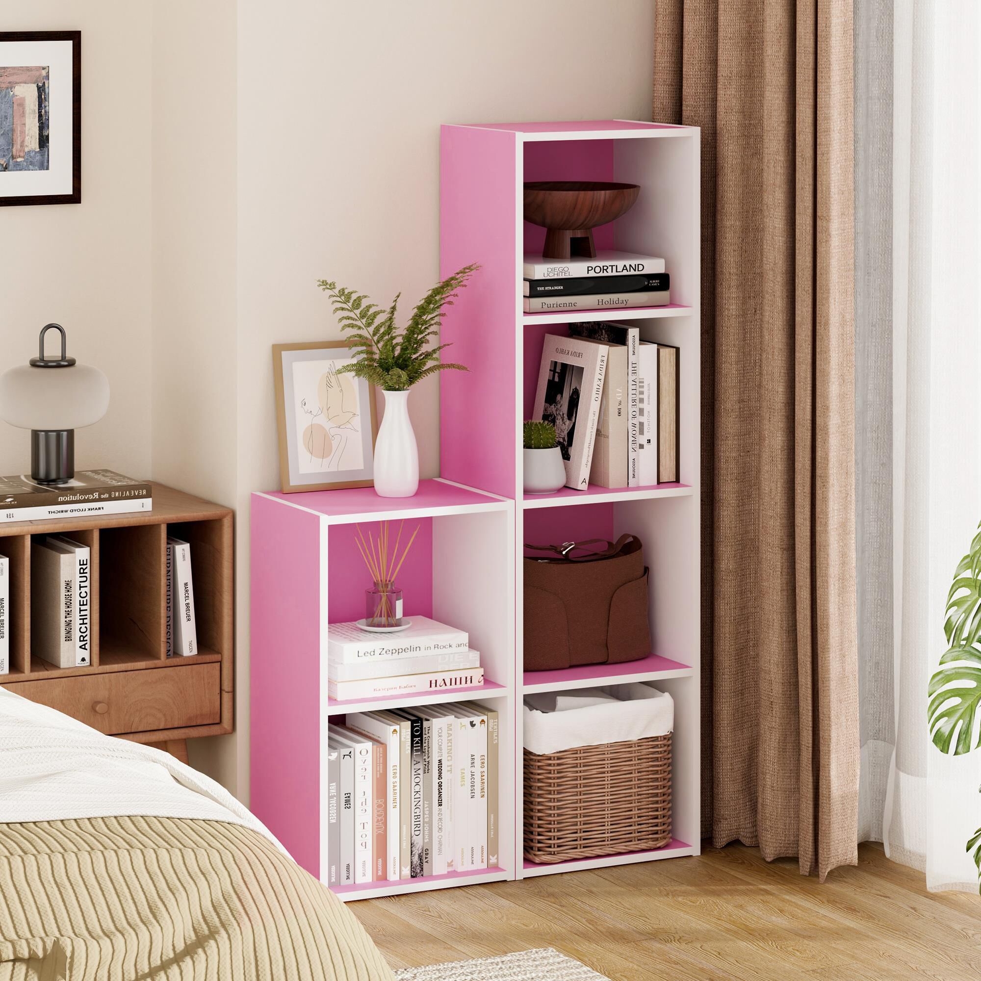HOMLUX 4-Tier Open Shelf Display Organizer Bookcase in Pink and White