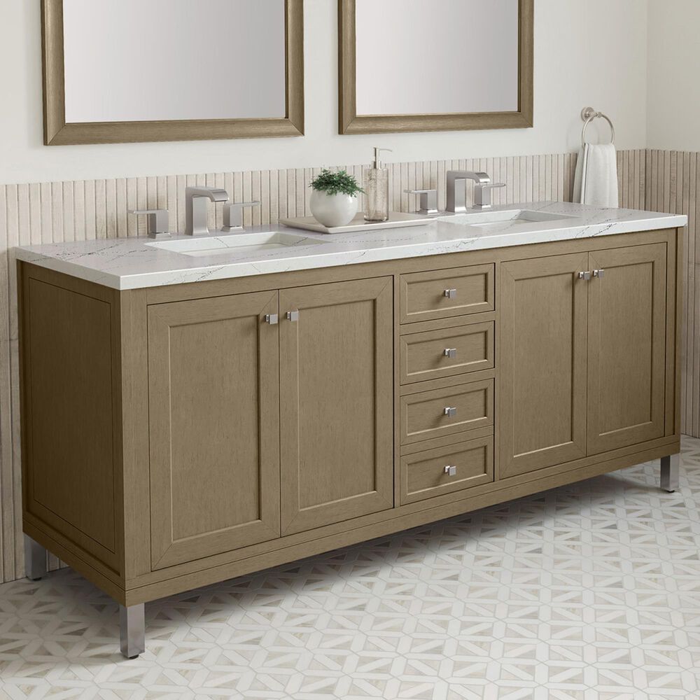 James Martin Vanities Chicago 72" Double Bathroom Vanity in Walnut Whisper with 3 cm Ethereal Noctis Quartz Top, Rectangular Sinks and FreePower Wireless Charger, , large