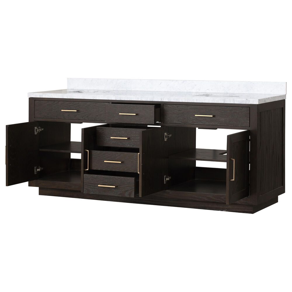 Lexora Home Abbey 84&quot; Double Bathroom Vanity in Brown Oak with 2 cm White Carrara Marble Top and Rectangular Sinks, , large
