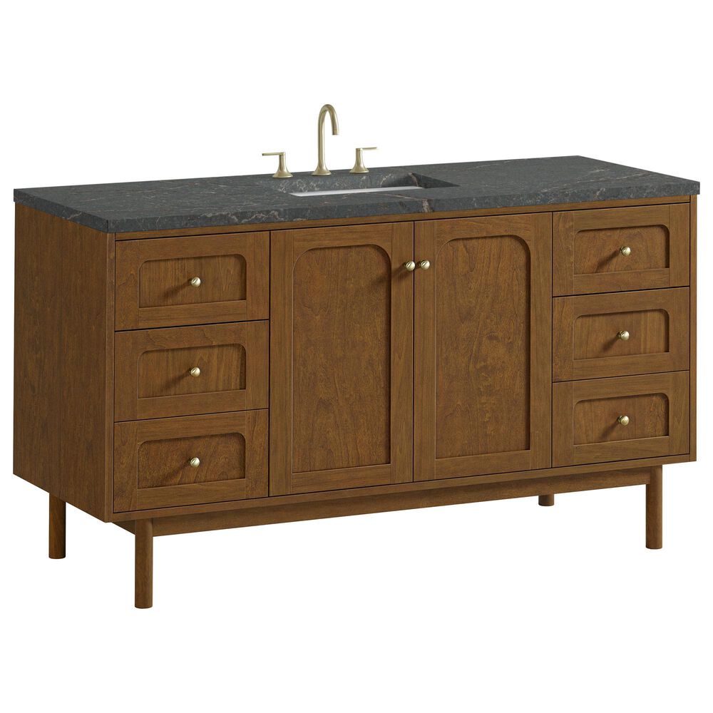 James Martin Laurent 60" Single Bathroom Vanity in Honey Oak with 3 cm Parisien Bleu Silestone Top and Rectangular Sink, , large