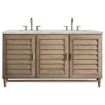 James Martin Vanities Portland 60" Double Bathroom Vanity in Whitewashed Walnut with 3 cm Victorian Silver Quartz Top and Rectangular Sinks, , large