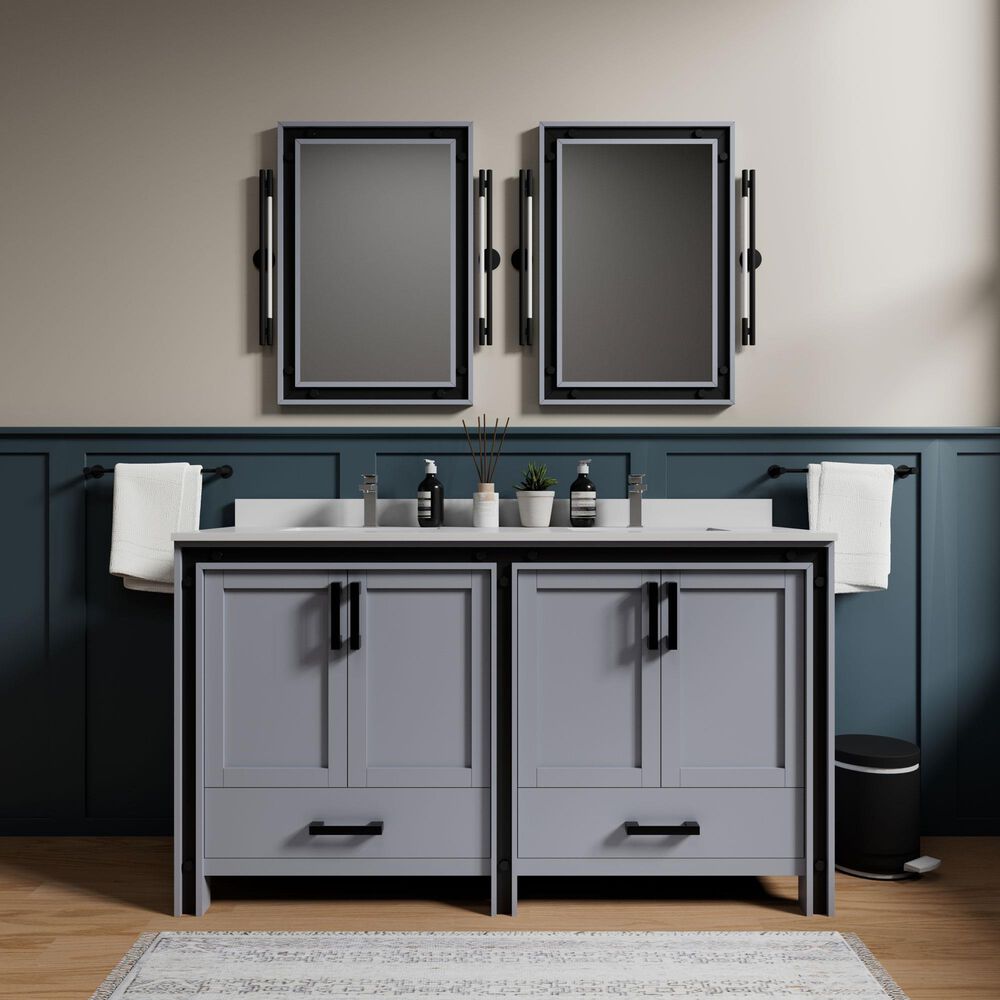 Lexora Home Ziva 60" Double Bathroom Vanity in Dark Grey with 2 cm White Quartz Top and Rectangular Sinks, , large
