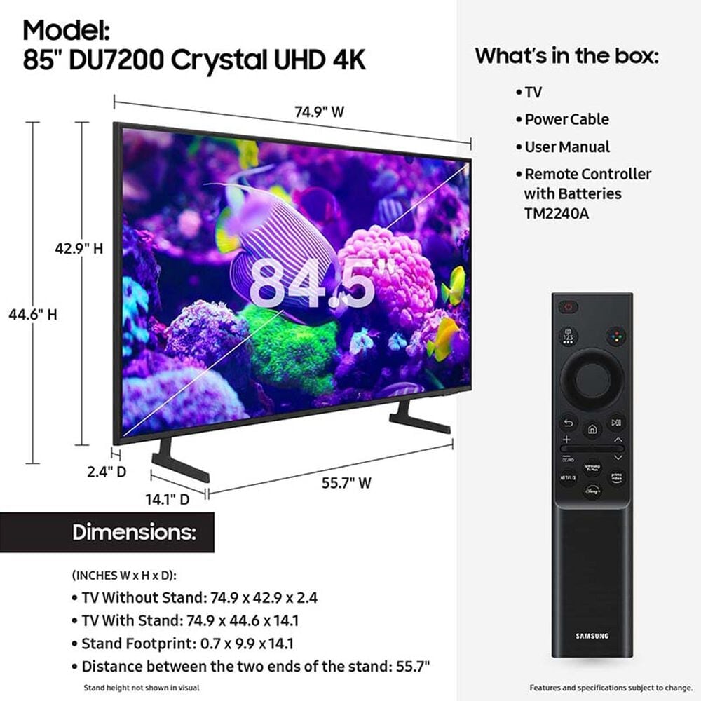 Samsung 85&quot; Class DU7200 4K Crystal UHD with HDR in Titan Gray - Smart TV, , large