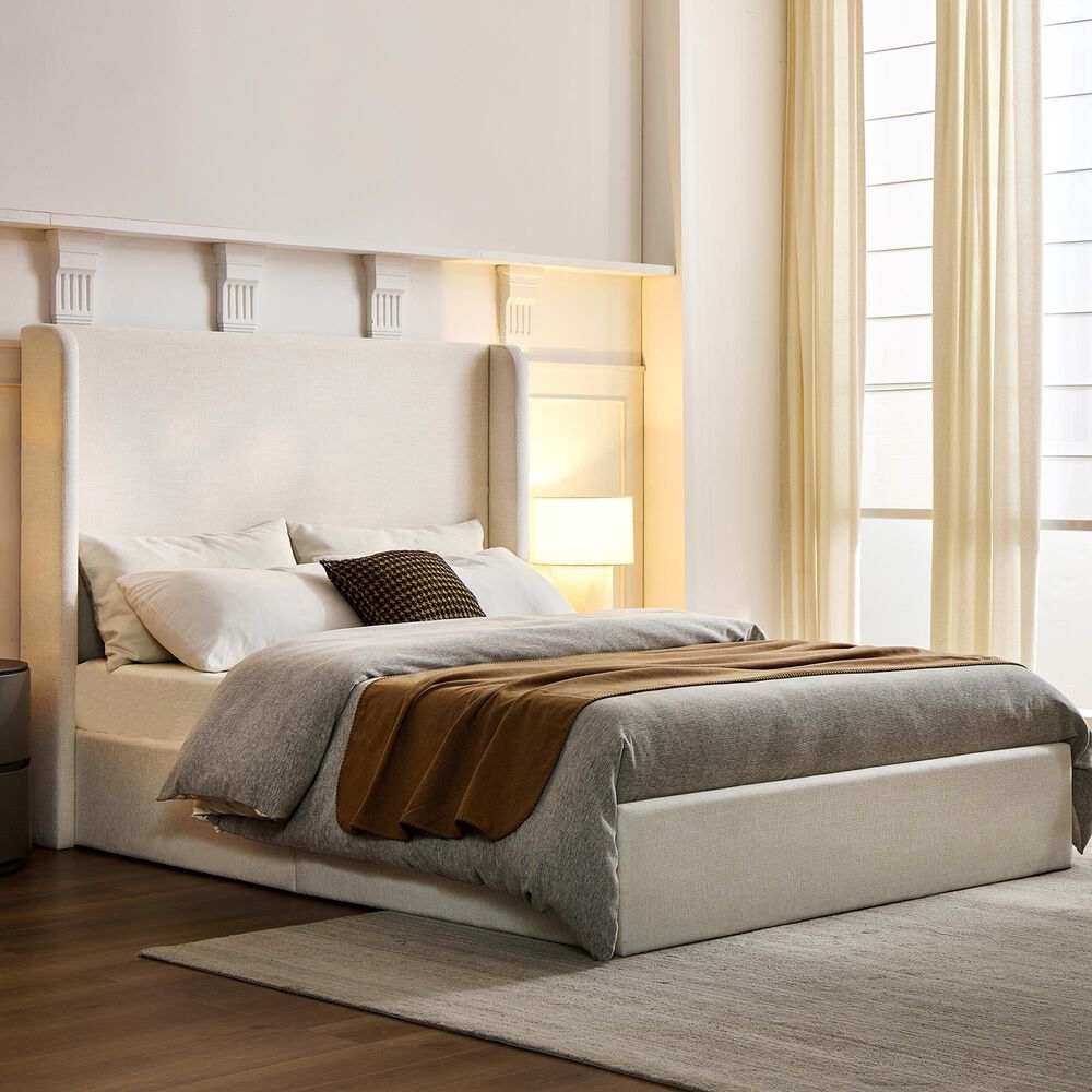 Hearth and Haven Carmen Queen Upholstered Platform Bed in Ivory, , large