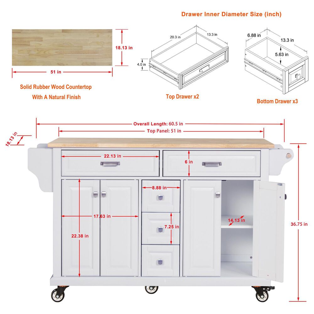 HOMLUX Kitchen Island Cart with Storage Cabinet in White, , large