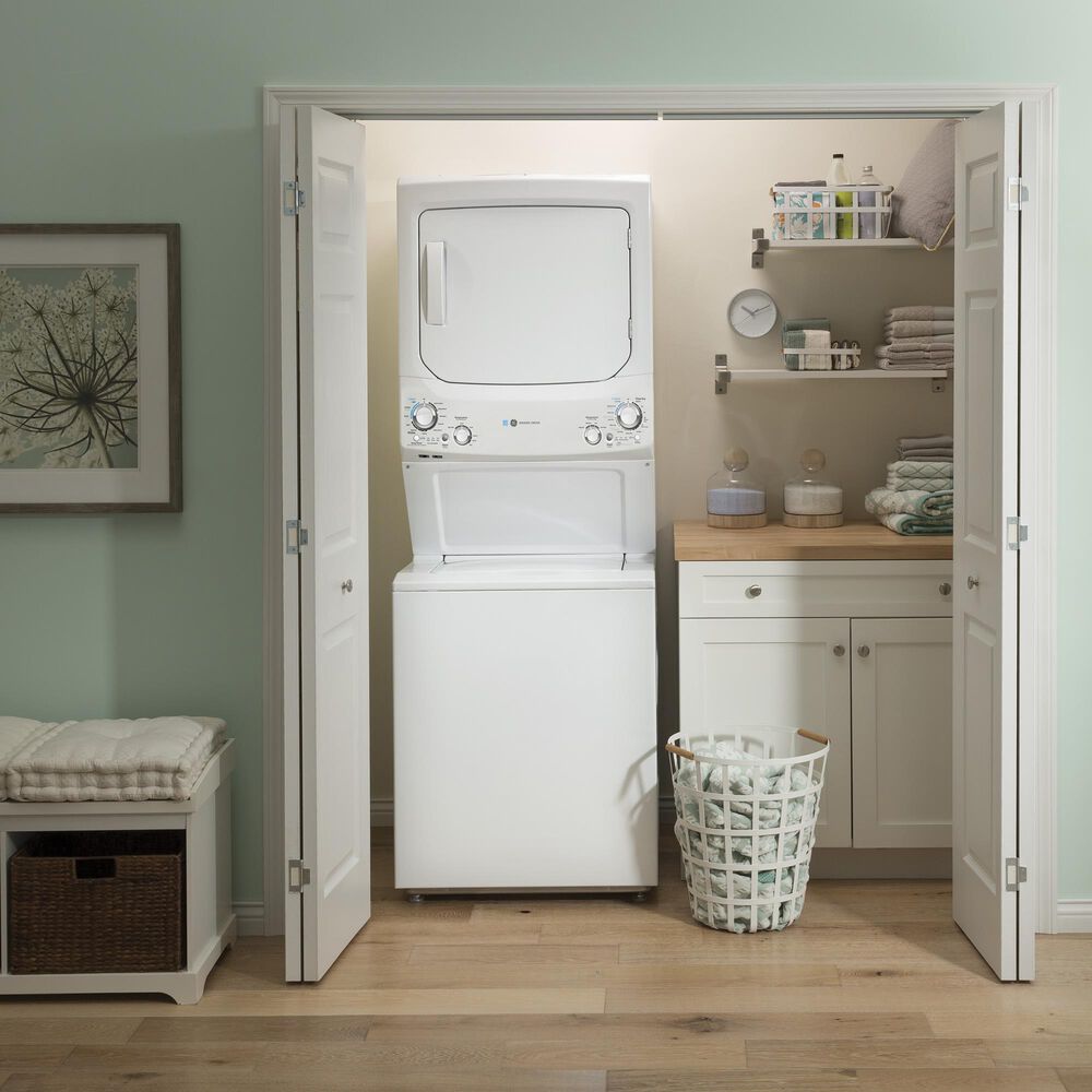 GE Appliances 3.9 Cu. Ft. Front Load Washer and 5.9 Cu. Ft. Electric Dryer Stack Laundry in White, , large