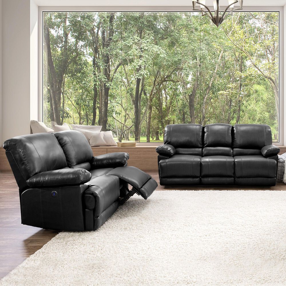 CorLiving Lea Power Reclining 2-Piece Set with Cupholders & USB Port in Black Faux Leather, , large