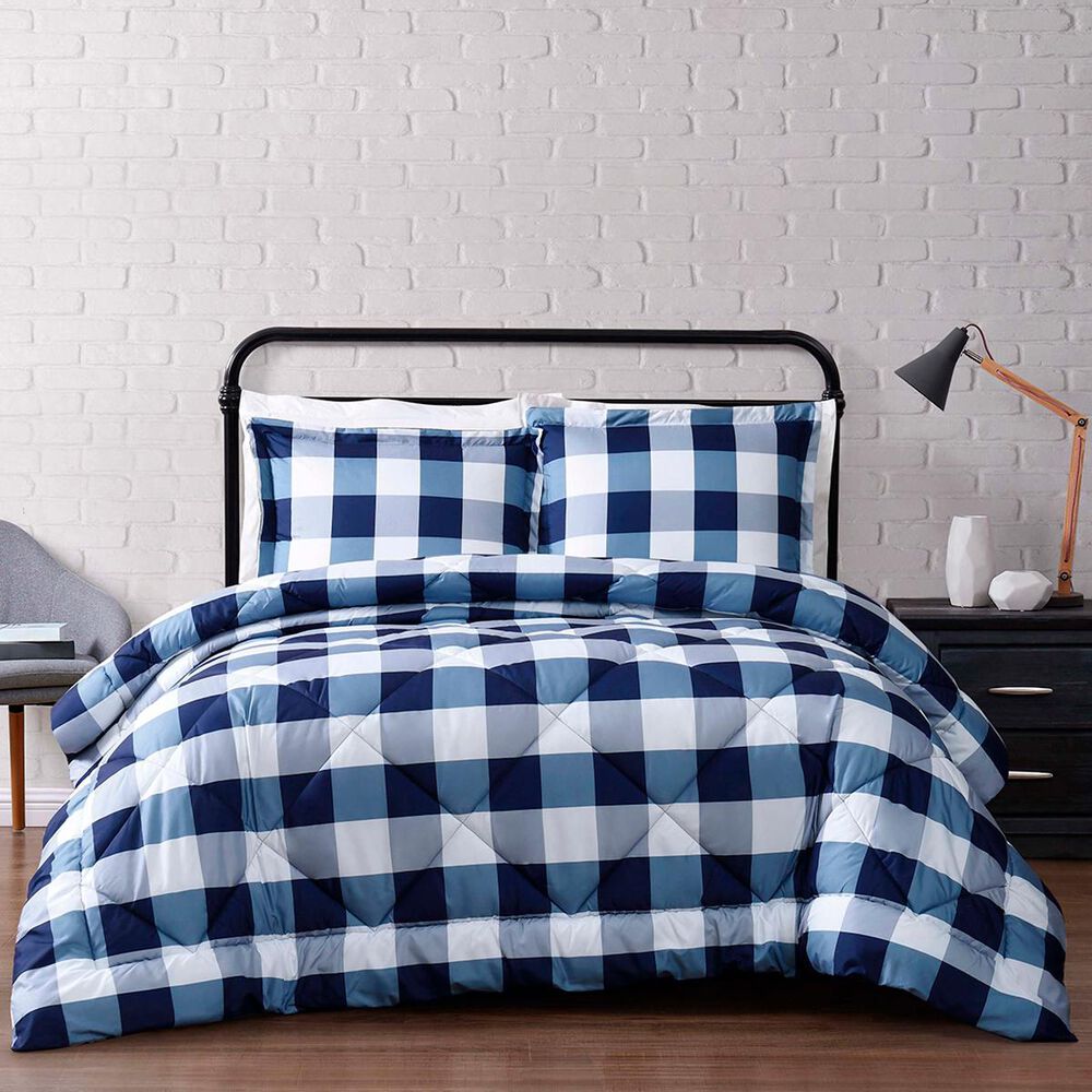 Pem America Truly Soft Everyday 3-Piece Full/Queen Buffalo Plaid Comforter Set in Navy and White, , large