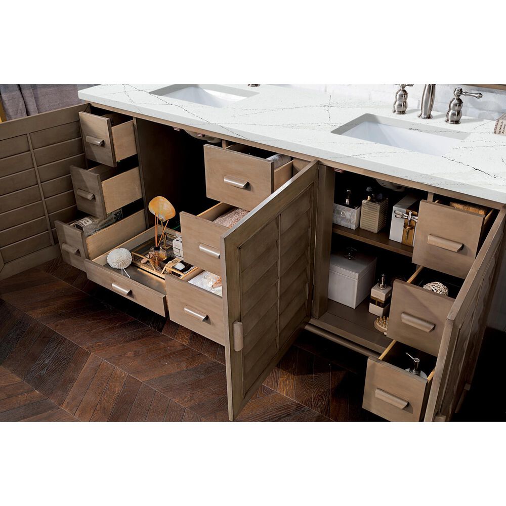 James Martin Vanities Portland 72&quot; Double Bathroom Vanity in Whitewashed Walnut with 3 cm Ethereal Noctis Quartz Top and Rectangular Sinks, , large