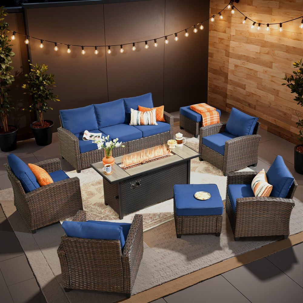 HOMLUX 8-Piece Patio Conversation Set with Fire Pit Table in Navy Blue, , large