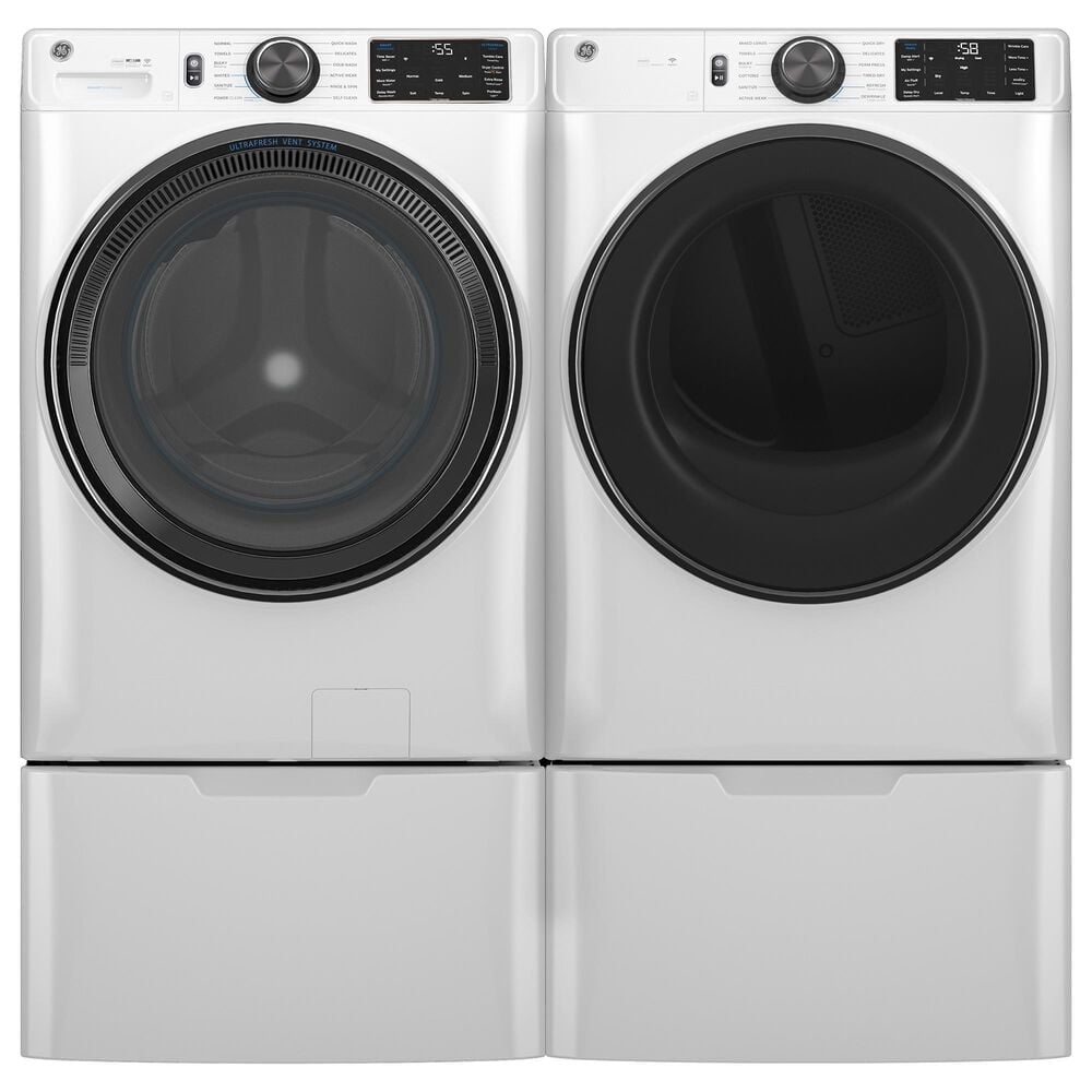 GE Appliances 5 Cu. Ft. Front Load Washer and 7.8 Cu. Ft. Gas Dryer Laundry Pair with 16" Pedestal in White, , large