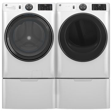 GE Appliances 5 Cu. Ft. Front Load Washer and 7.8 Cu. Ft. Gas Dryer Laundry Pair with 16" Pedestal in White, , large