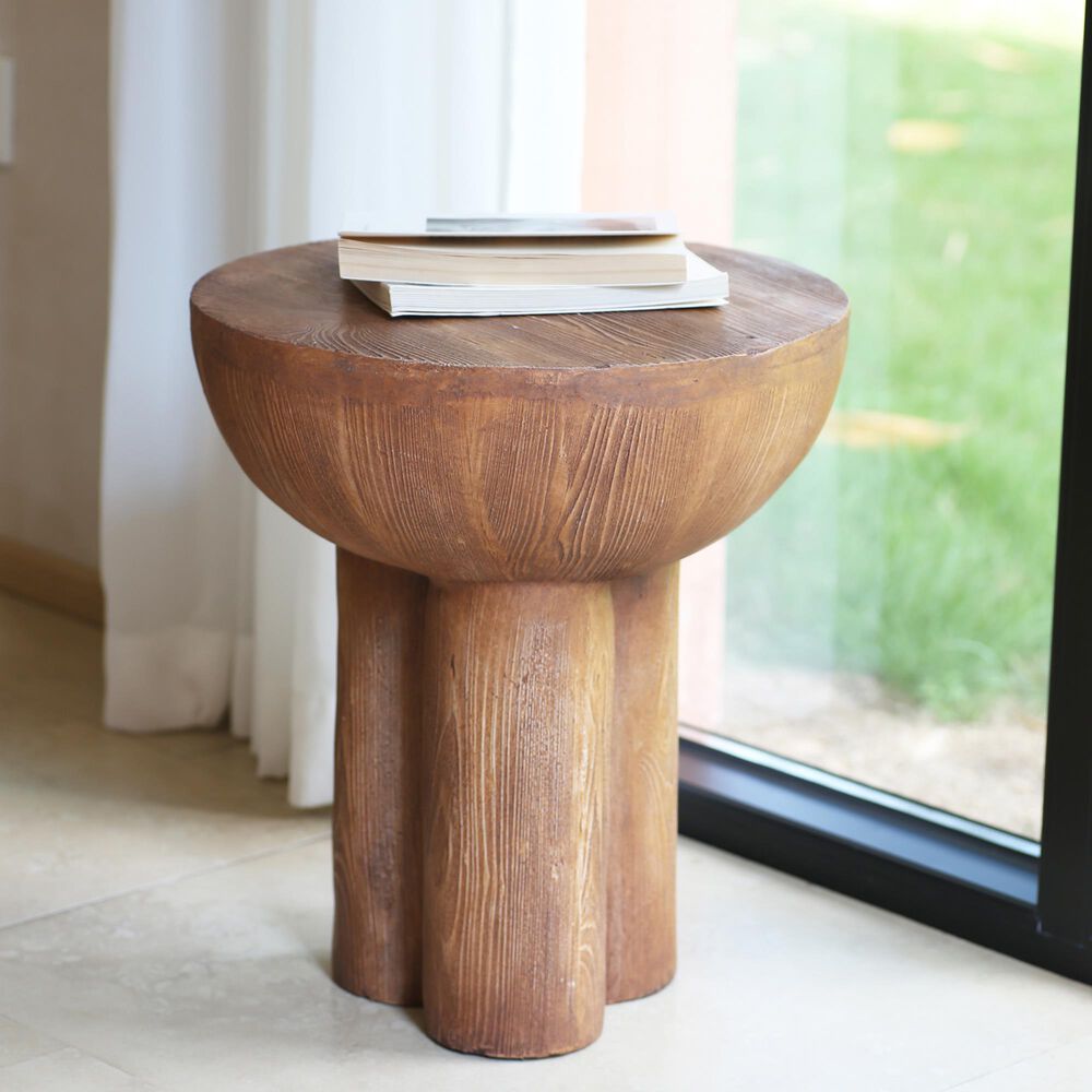 Hearth and Haven Iris Outdoor Round Side Table with 3 Cylindrical Legs in Brown, , large