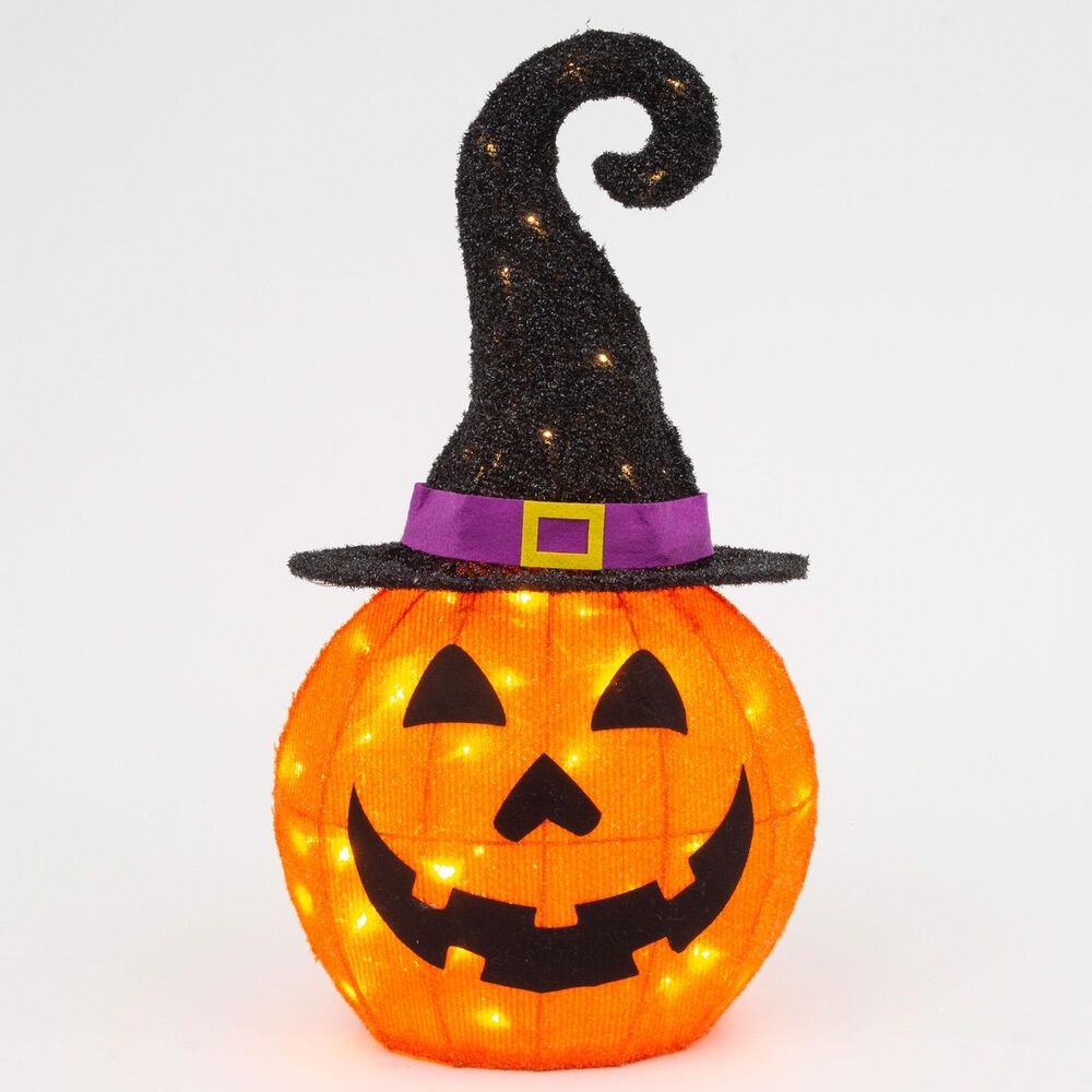 The Gerson Company 24.8"H UL Electric Lighted Outdoor Pumpkin with Witch Hat and 45 Lights in Orange, , large
