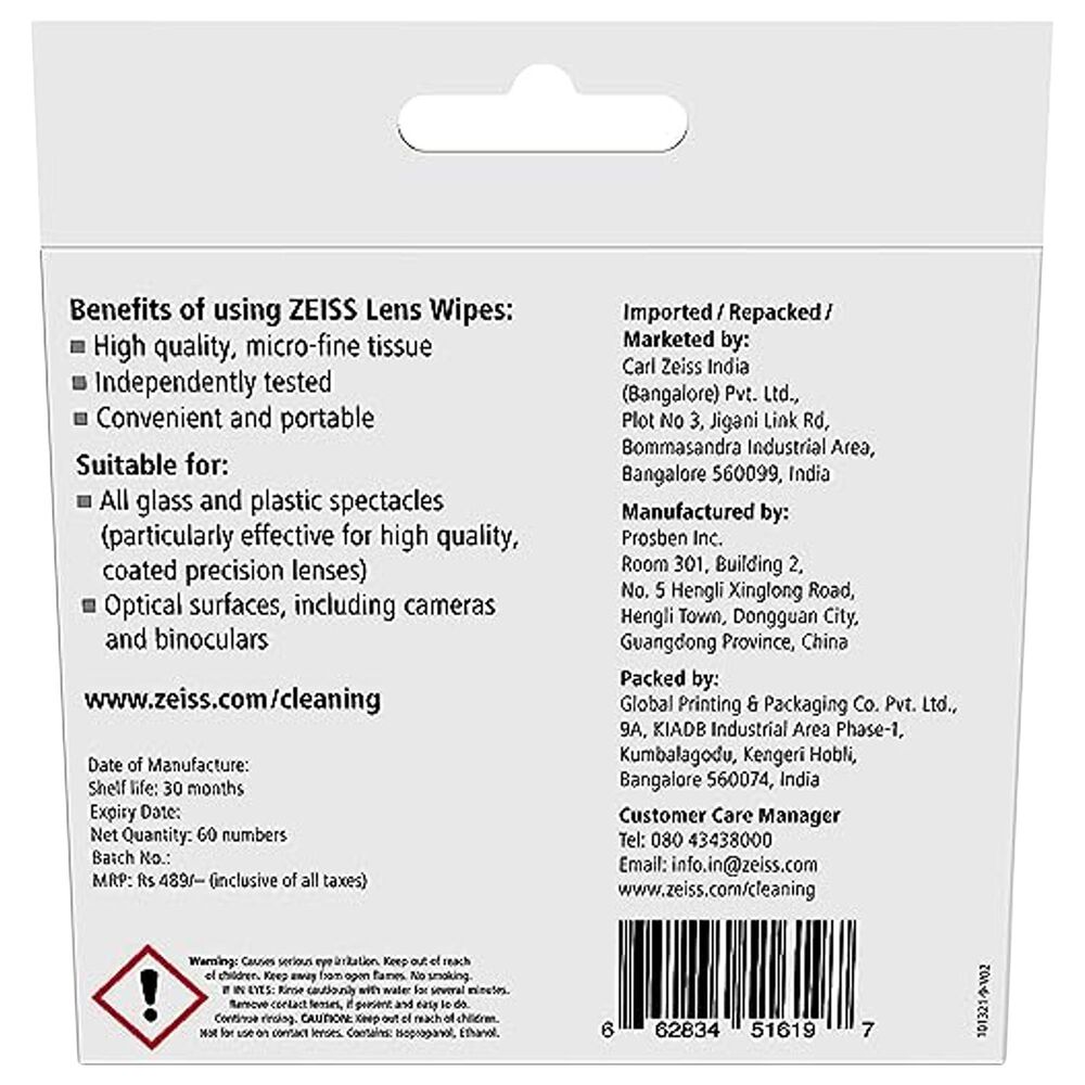 Carl Zeiss Vision Inc. Lens Cleaning Wipes Box in White (Set of 60