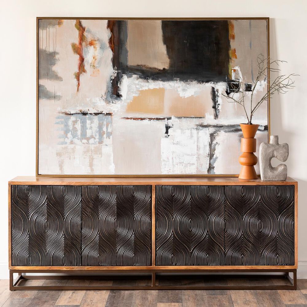 Hooker Furniture Swirl Door 86&quot; Entertainment Console in Brass Foil and Medium Natural, , large