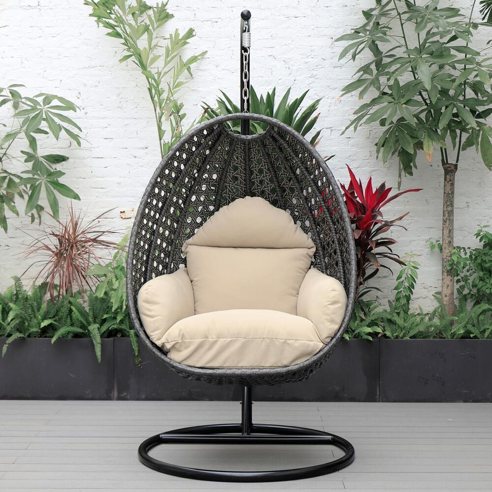 Leisuremod 41&quot; Patio Hanging Egg Swing Chair with Taupe Cushion in Charcoal, , large