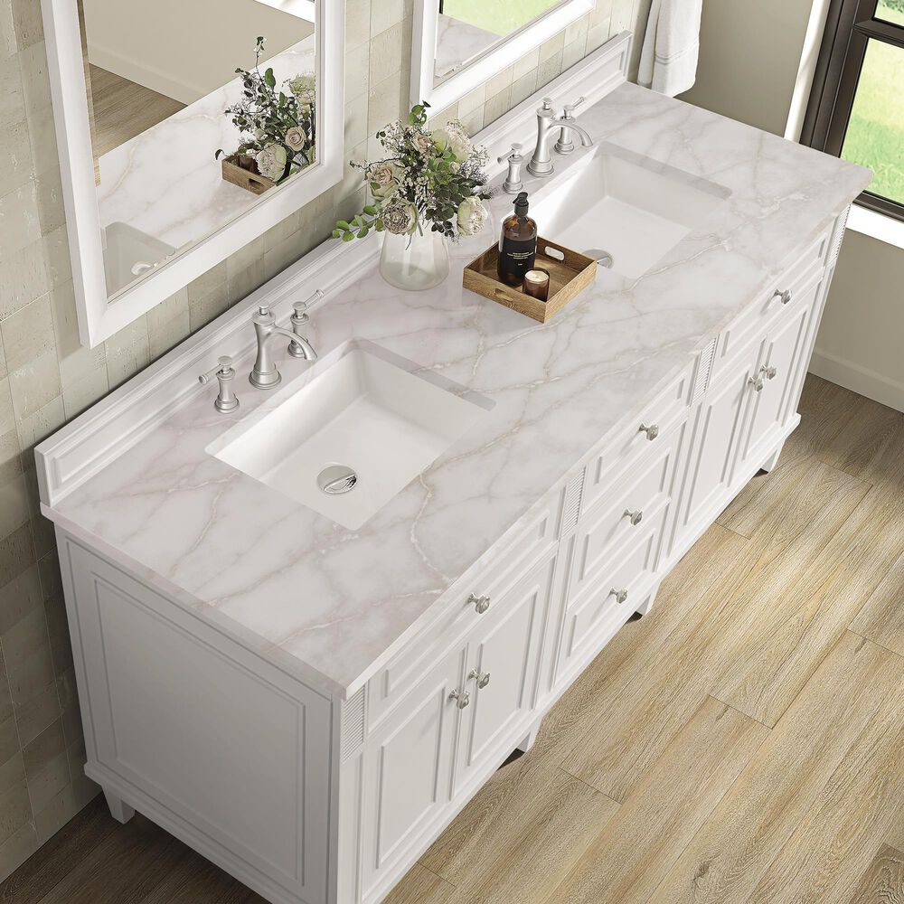 James Martin Vanities Lorelai 72&quot; Double Vanity in Bright White with 3 cm Victorian Silver Quartz Top, , large