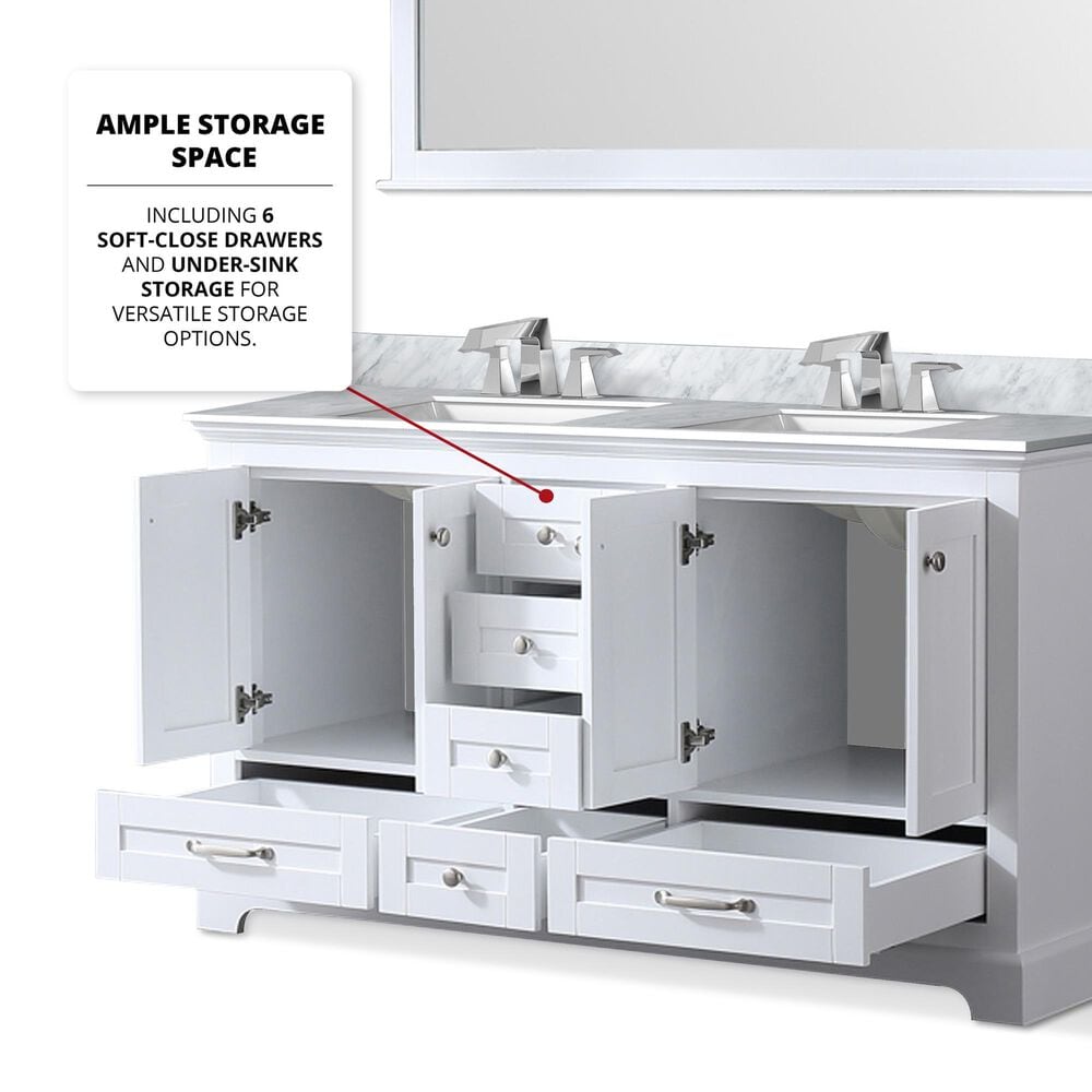 Lexora Home Dukes 60&quot; Double Bathroom Vanity in White with 2 cm White Carrara Marble Top and Rectangular Sinks, , large