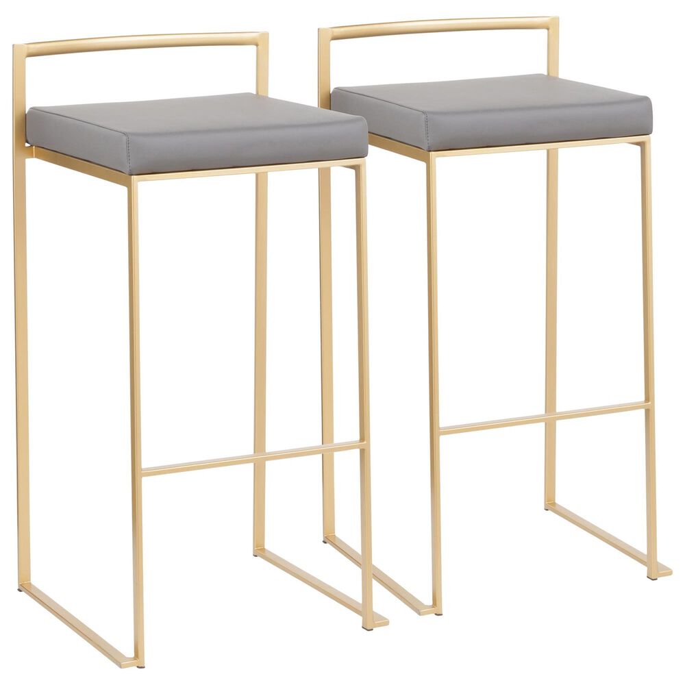 Lumisource Fuji Stackable Barstool with Grey Faux Leather in Gold (Set of 2), , large