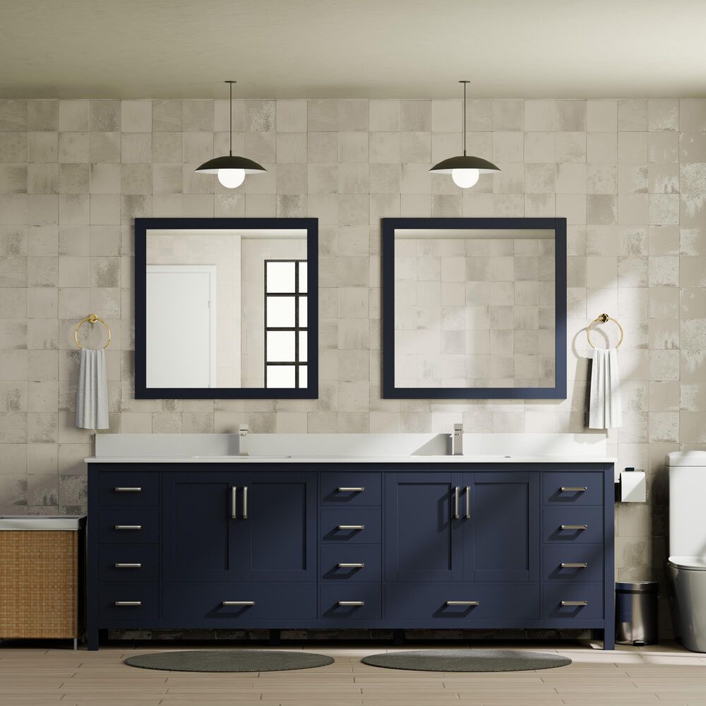 Lexora Home Jacques 84" Double Bathroom Vanity in Navy Blue with 2 cm White Cultured Marble Top and Rectangular Sinks, , large