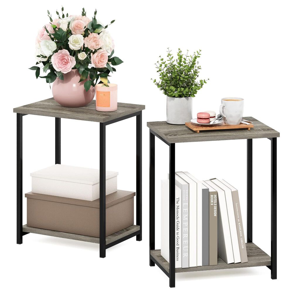 HOMLUX 2-Tier Metal Frame End Table with Open Shelf in French Oak Grey and Black (Set of 2), , large