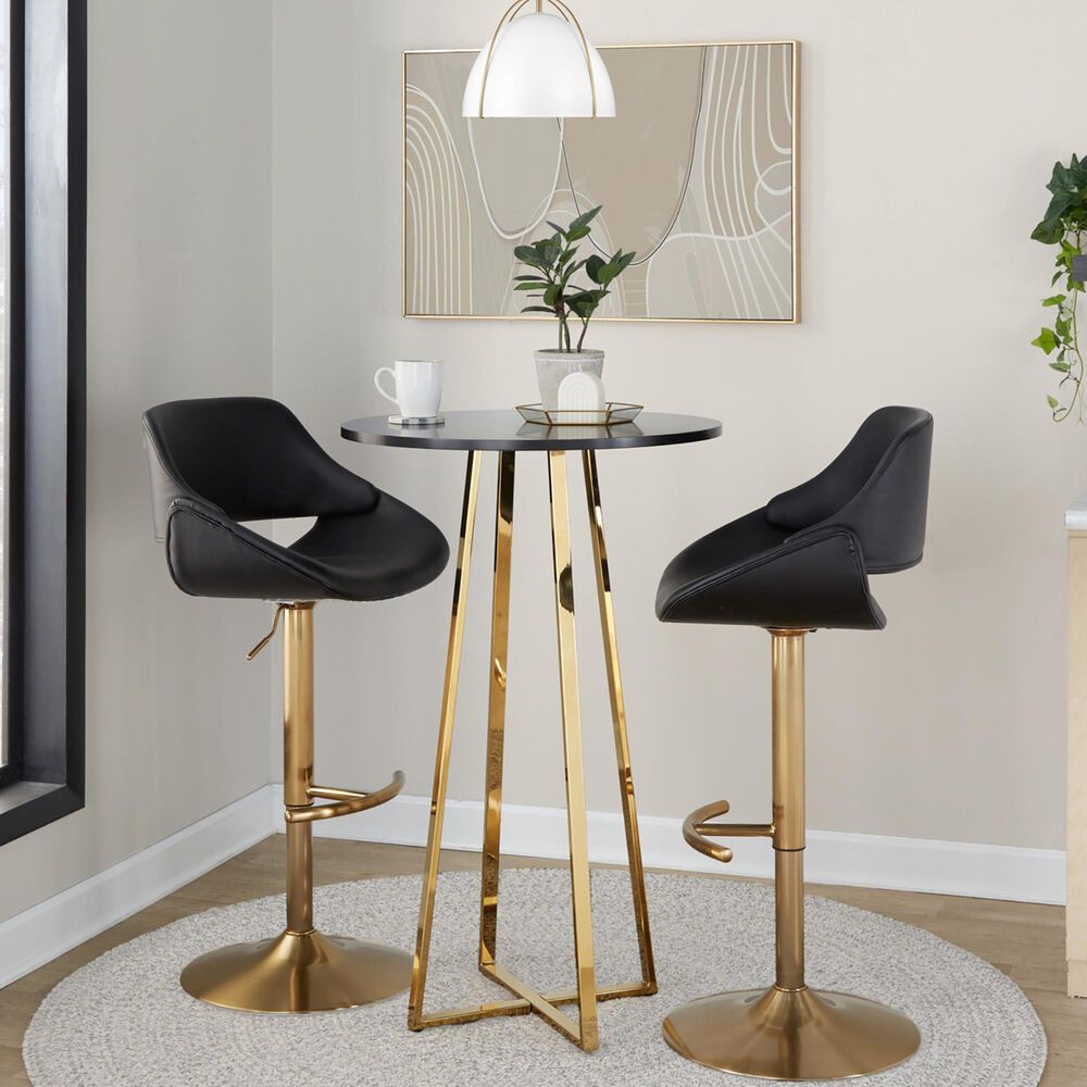 LumiSource Fabrico Swivel Adjustable Bar Stool with Black Faux Leather Upholstery and Rounded T Footrest in Gold (Set of 2), , large